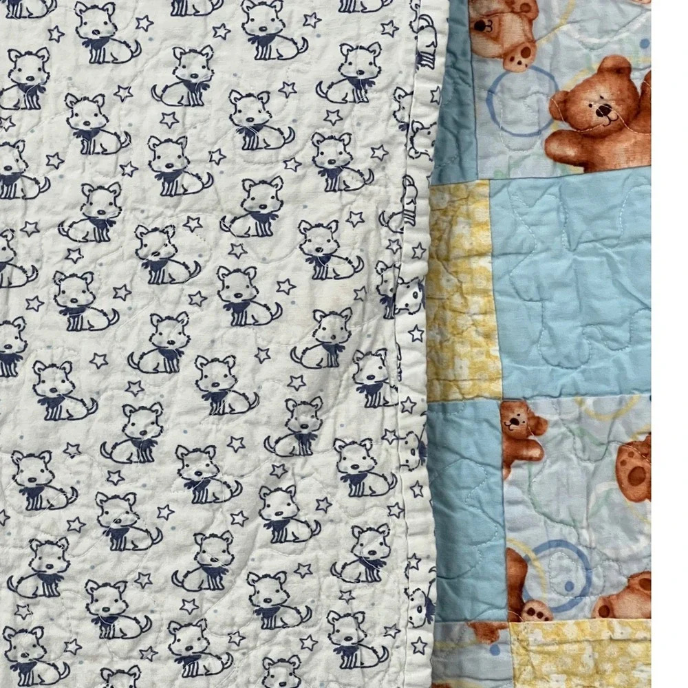 Handmade 42x36 Teddy Bear Patchwork Quilt Puppy Print Reverse Nursery Blanket